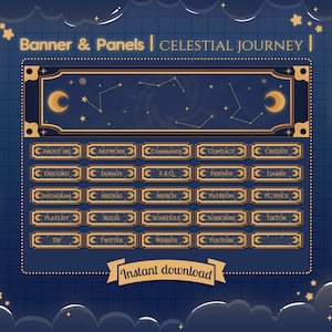 Pancarta y paneles "Celestial Journey" de Twitch - Corriente - Miniatura - Estrella - Luna - Sol - Zodíaco - Mapa astrológico - Constelación - Libro