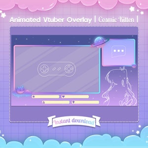 May include: Animated purple and blue Vtuber overlay with a cosmic kitten theme. The overlay features a game controller, a chat box, and a starry night sky background. The text "Instant download" is displayed at the bottom of the overlay.