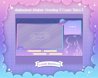 Animerat "Kosmisk kattunge"-överlägg i spelet för Vtuber - Twitch - Youtube - Stream - Pastell - Söt - Stjärna - Katt - Rymden - Kawaii - Vstreamer