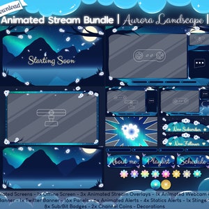 May include: Digital animated stream bundle with an aurora landscape theme. Includes screens, overlays, alerts, and panels. The design features a night sky with mountains, a full moon, and falling flower petals. Text includes "Starting Soon", "New Subscriber", and "New Follower".