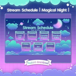 以下が含まれることがあります： 魔法の夜をテーマにした、紫と青のストリームスケジュール。スケジュールには曜日と、各日にストリーミングされるゲームが記載されています。スケジュールは、雲、星、三日月で飾られています。