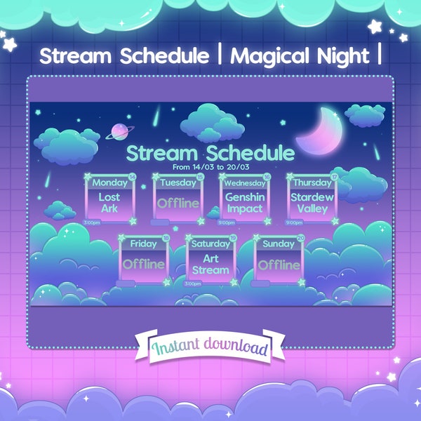 Stream Schedule "Magical Night" - Twitch - Twitter - Cloud - Stars - Celestial - Kawaii Cute - Customizable - Template - Moon - Meteor - Sky