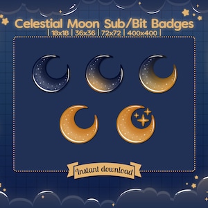 Könnte beinhalten: Satz von fünf himmlischen Mond-Sub-/Bit-Abzeichen in verschiedenen Größen. Die Abzeichen zeigen eine Mondsichel mit goldener oder blauer Glitzer-Oberfläche und Sterne. Der Text "Celestial Moon Sub/Bit Badges" und "Sofortiger Download" ist ebenfalls enthalten.