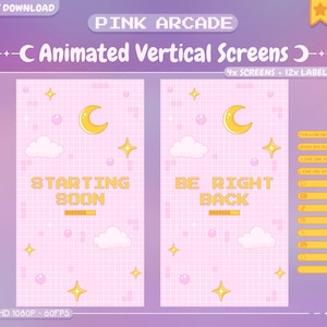 Op de afbeelding: Roze en gele geanimeerde verticale schermen met een pixelachtig ontwerp. De schermen zeggen "Start binnenkort" en "Ben zo terug".