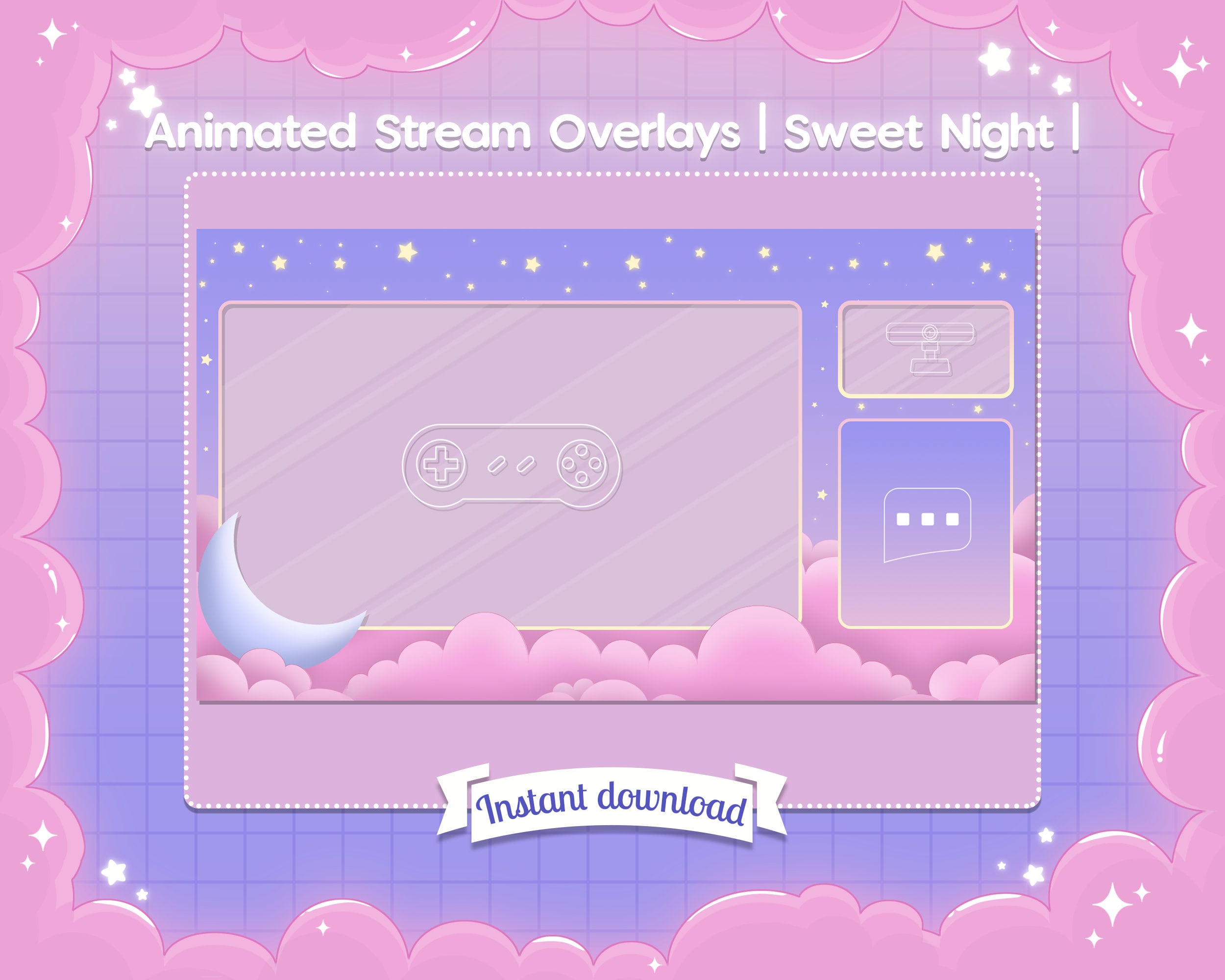 Animated Sweet Night Ingame & Just Chatting Overlay - Twitch -  -  Facebook Gaming - Stream - Cloud - Pastel - Cute - Moon - Star