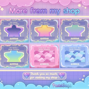 May include: A digital illustration of six different animated stinger transitions for video editing. The transitions feature a star galaxy, star sunset, star pastel, star rainbow, candy cloud pink, and candy cloud blue.