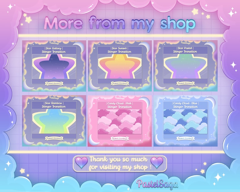 May include: A digital illustration of six different animated stinger transitions for video editing. The transitions feature a star galaxy, star sunset, star pastel, star rainbow, candy cloud pink, and candy cloud blue.