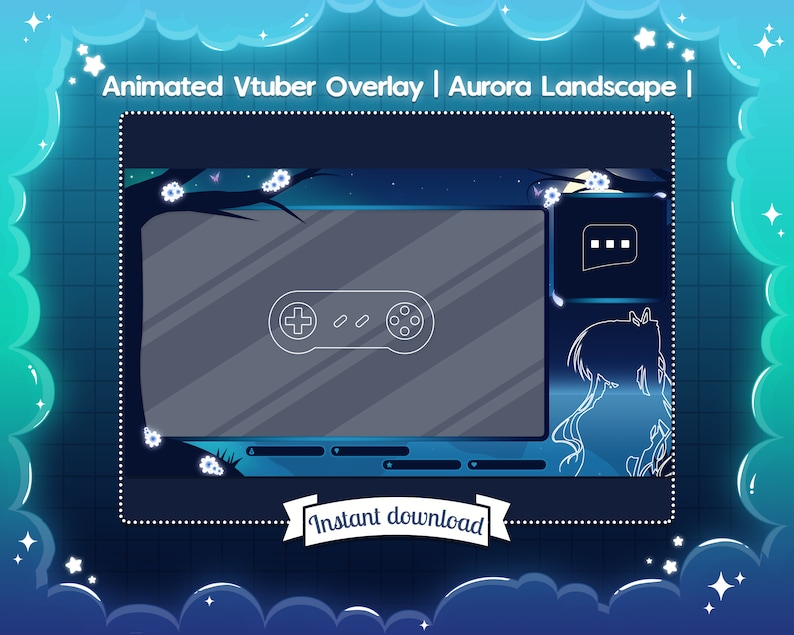 May include: Animated Vtuber overlay with a dark blue background, a white game controller icon, and a silhouette of a person standing in front of a blue aurora landscape. The text "Instant download" is on a white ribbon.