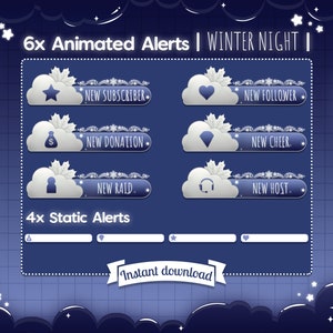 Animated &quot;Winter Night&quot; Alerts - Christmas - Twitch - Overlay - Stream - Live - Snow - Flake - Cloud - Star - Sparkle - Shiny - Dark Pastel