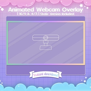 May include: A purple and pink animated webcam overlay with a white outline and a white webcam icon. The overlay has a grid pattern and a banner that says "Instant download".