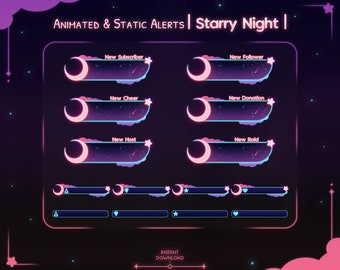 Animated "Starry Night" Alerts Pack - Twitch - Youtube - Stream Widget - Overlay - Moon - Cloud - Sky - Celestial - Star - Kawaii - Pastel