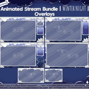 Animated Winter Night Complete Stream Bundle Package Twitch Overlay Christmas Holiday Snow Flake Cloud Celestial Star image 3