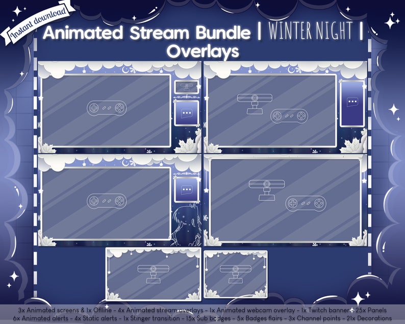 Animated Winter Night Complete Stream Bundle Package Twitch Overlay Christmas Holiday Snow Flake Cloud Celestial Star image 3