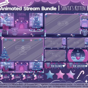Animated &quot;Santa&#39;s Kitten&quot; Complete Stream Bundle - Package - Twitch - Overlay - Christmas - Snow - Cat - Kitty - Landscape - Cabin - Fire