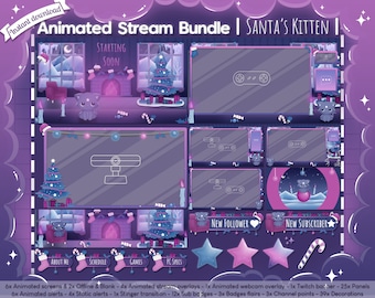 May include: Animated Twitch stream overlay bundle with a winter theme. The bundle includes a starting soon screen, a new follower alert, a new subscriber alert, and other overlays. The design features a purple background with a cute kitten wearing a Santa hat.