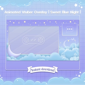 Può includere: Sovrapposizione animata di Vtuber con uno schema di colori blu e viola. La sovrapposizione presenta un controller di gioco, una luna crescente, stelle e una casella di chat. Il testo "Download istantaneo" è visualizzato su un nastro viola.