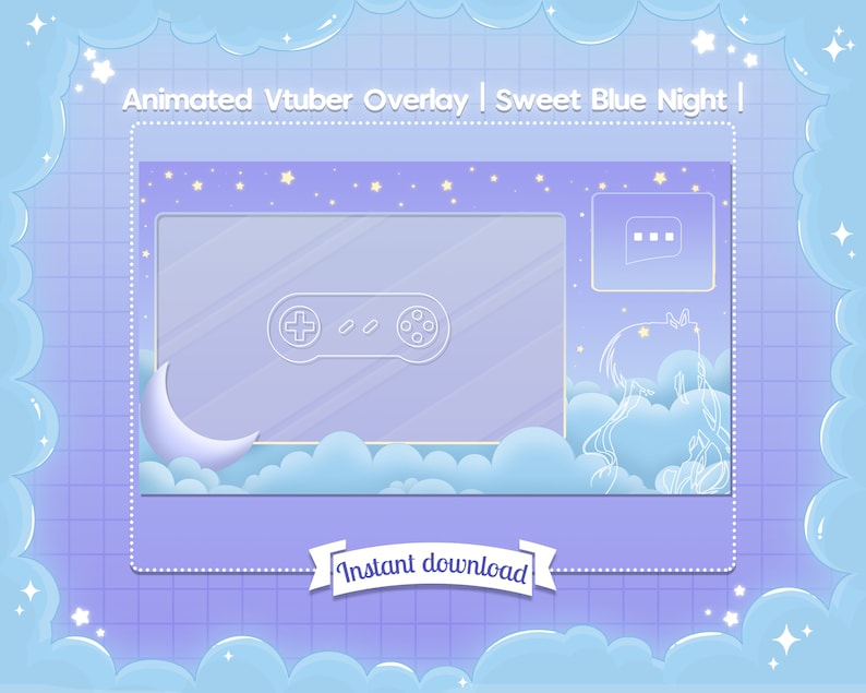 May include: Animated Vtuber overlay with a blue and purple color scheme. The overlay features a game controller, a crescent moon, stars, and a chat box. The text "Instant download" is displayed on a purple ribbon.