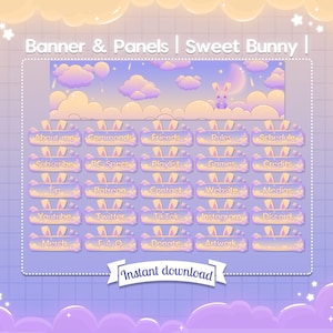 Twitch &quot;Sweet Bunny&quot; 25 Panels & 2 Banners - Stream - Channel - Rabbit - Kawaii - Cloud - Sky - Stars - Cute - Toe Bean - Space - Thumbnail