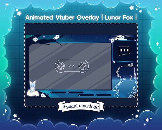 Animated "Lunar Fox" InGame Overlay for Vtuber - Twitch - Youtube - Stream - Landscape - Cute - Moon - Flowers- Nature - Leaf - Vstreamer