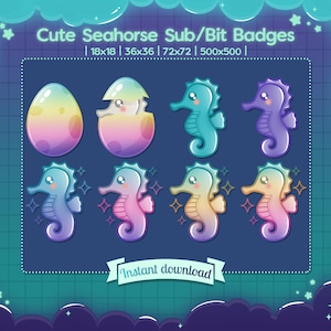 May include: Set of eight digital badges featuring cute cartoon seahorses in various colors, including blue, purple, pink, and yellow. The badges are in different sizes, including 18x18, 36x36, 72x72, and 500x500 pixels. The text "Instant download" is included at the bottom of the image.