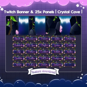 Puede incluir: Un banner de Twitch y 25 paneles con un tema de cueva de cristal. El banner presenta un fondo azul oscuro con una cascada y enredaderas. Los paneles son azul oscuro con flores rosas y enredaderas. El texto en los paneles incluye "Acerca de mí", "Comandos", "Amigos", "Reglas", "Horario", "Suscribirse", "Especificaciones de PC", "Lista de reproducción", "Juegos", "Créditos", "Propina", "Patreon", "Contacto", "Sitio web", "Medios", "Youtube", "Twitter", "TikTok", "Instagram", "Discord", "Mercancía", "Preguntas frecuentes", "Donar", y "Obra de arte". El texto "Descarga instantánea" también está incluido.