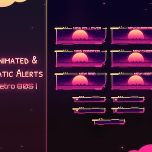 Animated &quot;Retro 80s&quot; Alerts Pack - Twitch - Youtube - Stream Widget - Overlay - Synthwave - Purple Neon - Sun - Sky - Future - Kawaii