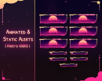 Animated "Retro 80s" Alerts Pack - Twitch - Youtube - Stream Widget - Overlay - Synthwave - Purple Neon - Sun - Sky - Future - Kawaii