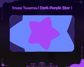 May include: A purple star transition effect with a dark purple outline. The text "Stinger Transition | Dark Purple Star |" is at the top of the image. The text "HD 1080P", "INSTANT DOWNLOAD", and "60 FPS" are at the bottom of the image.