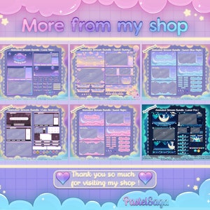 May include: A collection of six animated stream overlays featuring pastel colours, clouds, and moons. The overlays are titled "Cute Icon", "Sweet Bunny", "Sweet Blue Night", "Cute Android", "Sweet Night", and "Lunar Fox".