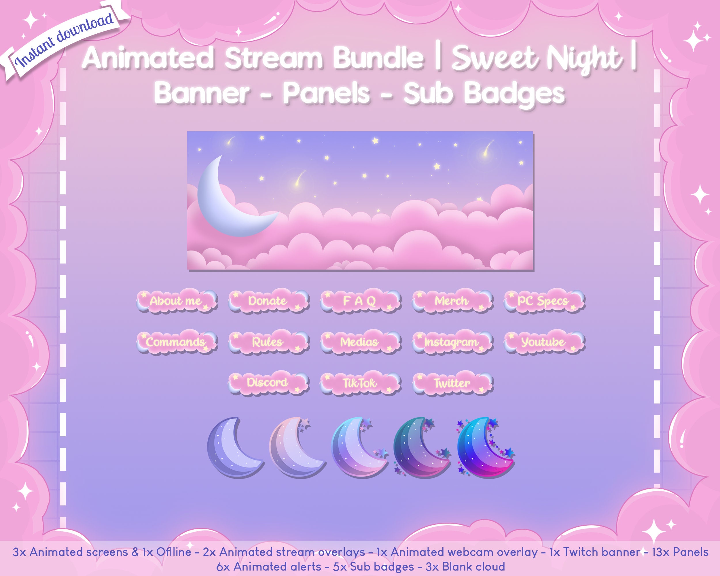 Animated Sweet Night Ingame & Just Chatting Overlay - Twitch -  -  Facebook Gaming - Stream - Cloud - Pastel - Cute - Moon - Star