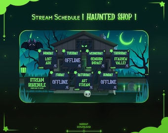 Stream Schedule "Haunted Shop" - Twitch - Youtube - Instagram - Halloween - Horror - Gothic - Dark - Spooky - Kawaii Bat - Ghost - Tombstone