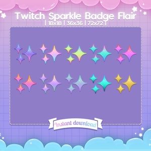 May include: A set of eight colorful sparkle badge flairs in various sizes, including 18x18, 36x36, and 72x72 pixels. The flairs are designed with a gradient of pink, blue, yellow, and green colors, creating a shimmering effect. The text "Instant download" is displayed on a purple ribbon.