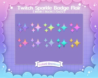 May include: A set of eight colorful sparkle badge flairs in various sizes, including 18x18, 36x36, and 72x72 pixels. The flairs are designed with a gradient of pink, blue, yellow, and green colors, creating a shimmering effect. The text "Instant download" is displayed on a purple ribbon.