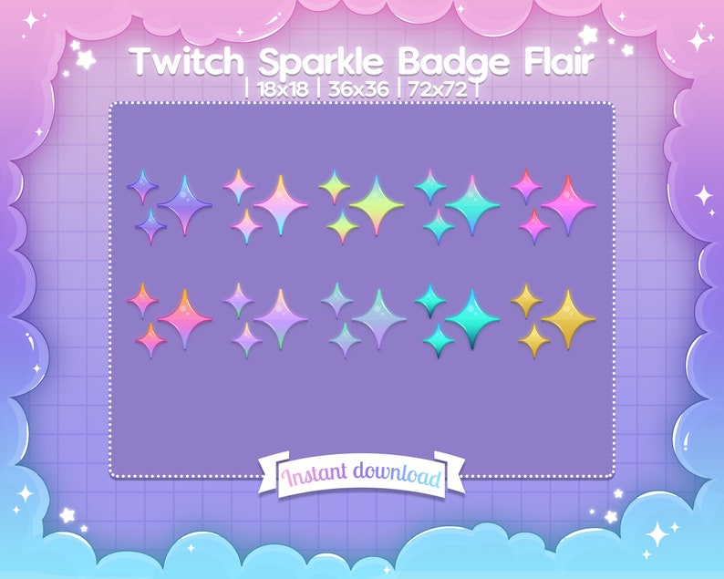 May include: A set of eight colorful sparkle badge flairs in various sizes, including 18x18, 36x36, and 72x72 pixels. The flairs are designed with a gradient of pink, blue, yellow, and green colors, creating a shimmering effect. The text "Instant download" is displayed on a purple ribbon.