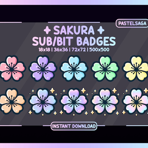 Sakura Flower Sub Badges - Twitch - Stream - Pastel - Cute - Kawaii - Cherry - Blossom - Japan Tree - Red - Rainbow Colors - Pink - Purple