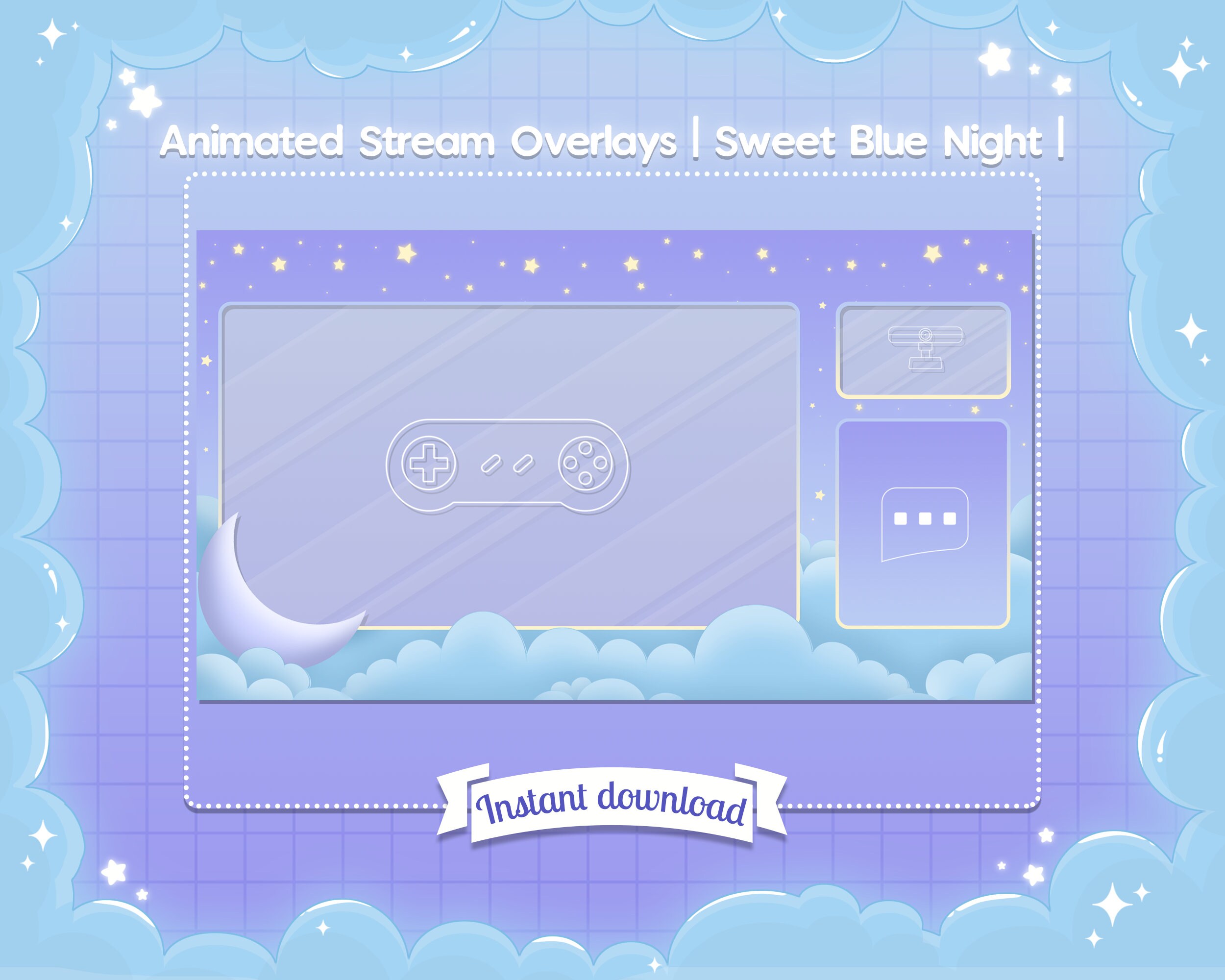 Animated Sweet Night Ingame & Just Chatting Overlay - Twitch -  -  Facebook Gaming - Stream - Cloud - Pastel - Cute - Moon - Star