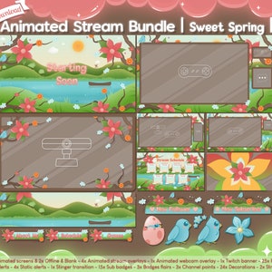 Animiertes „Sweet Spring“ Komplett-Stream-Bundle – Overlay – Twitch – Lofi – Sommer – Cottage – Landschaft – süßer Vogel – Kawaii – Blumen – Zen