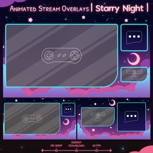 Animated &quot;Starry Night&quot; Overlay Pack - Twitch - Youtube - Stream - Moon - Stars & Celestial - Cloud - Sky - Kawaii - Cute - Space - Pastel