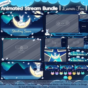 Animated &quot;Lunar Fox&quot; Complete Stream Bundle - Twitch - Overlay - Fairy - Cute - Sakura - Fantasy - Night - Moon - Landscape - Stinger - Star