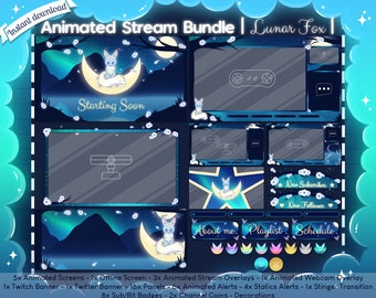 Animated &quot;Lunar Fox&quot; Complete Stream Bundle - Twitch - Overlay - Fairy - Cute - Sakura - Fantasy - Night - Moon - Landscape - Stinger - Star