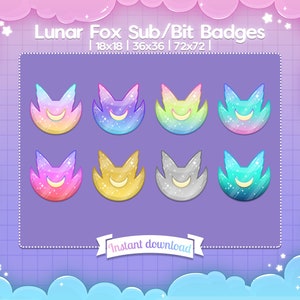 Puede incluir: Conjunto de ocho insignias digitales que representan un zorro de dibujos animados con una luna creciente, en varias combinaciones de colores, incluyendo rosa, azul, amarillo y verde. El texto "Lunar Fox Sub/Bit Badges" y "| 18x18 | 36x36 | 72x72 |" se muestra encima de las insignias. El texto "Descarga instantánea" se muestra debajo de las insignias.