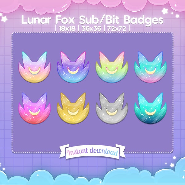 Sub/Bit-Abzeichen „Lunar Fox“ Twitch – Discord – Stream – Sparkle – Pastell – niedlich – Mond – Himmel – himmlisch – glänzend – glänzend – schillernd – Stern