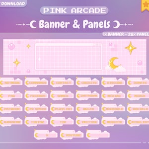 Op de afbeelding: Roze Twitch-banner- en -paneelset met een halve maan, sterren en wolken. De banner heeft een roze rasterachtergrond en een wit venster met een lege ruimte voor een titel. De panelen hebben een roze achtergrond met een halve maan en een ster. Elk paneel heeft een ander tekstlabel, zoals "Over", "Opdrachten", "Contact", "Doneren", "Schema", "Sociaal", "Twitter", "YouTube", en meer.