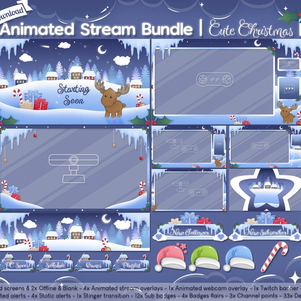 Animated "Cute Christmas" Complete Stream Bundle - Package - Twitch - Overlay - Winter - Holiday - Snow - Landscape - Santa - Custom - Scene