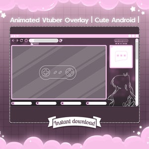 May include: Animated Vtuber overlay with a pink and grey colour scheme. The overlay features a stylised Android phone with a game controller icon and a chat window. The text "Instant download" is displayed on a pink ribbon.