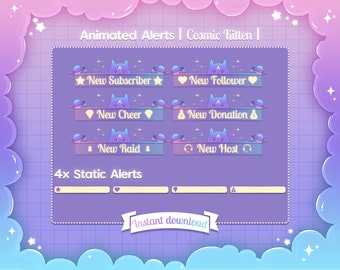 Animated "Cosmic Kitten" Alerts - Twitch - Youtube - Facebook Gaming - Stream - Cloud - Pastel - Cute - Cat - Star - Planet - Space - Sky