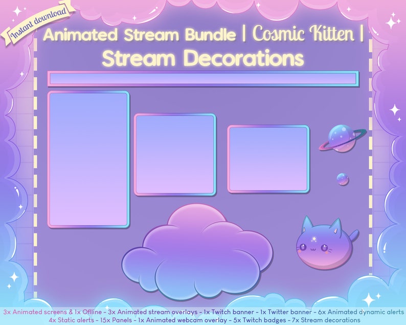 Animated Cosmic Kitten Complete Stream Bundle Twitch Overlay Cute Pastel Cat Kawaii Star Youtube Space Planet Celest image 6