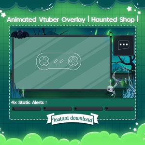 May include: Animated green and black overlay for a video game streamer with a haunted shop theme. The overlay features a bat, a ghost, a video game controller, and the text "Animated Vtuber Overlay | Haunted Shop | Instant download".