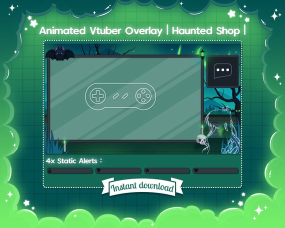 Animated "Haunted Shop" Vtuber Overlay - Twitch - Halloween - Spooky - Bat - Spooky - Ghost - Zombie - Virtual Streamer - Cute - Kawaii