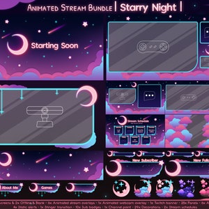 Animated &quot;Starry Night&quot; Complete Stream Bundle - Twitch - Overlay Pack - Moon - Cloud - Stars - Celestial - Sky - Kawaii - Cute - Space